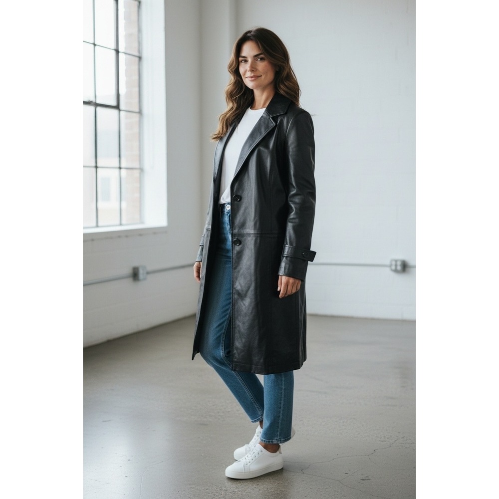 Chadwicks Womens Black Leather Trench Coat Jacket Size 12 Mid Length Buttons